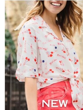 Popsugar Mon Cherie Camp Shirt Medium White Red Cherry Print Tie Front Retro NEW